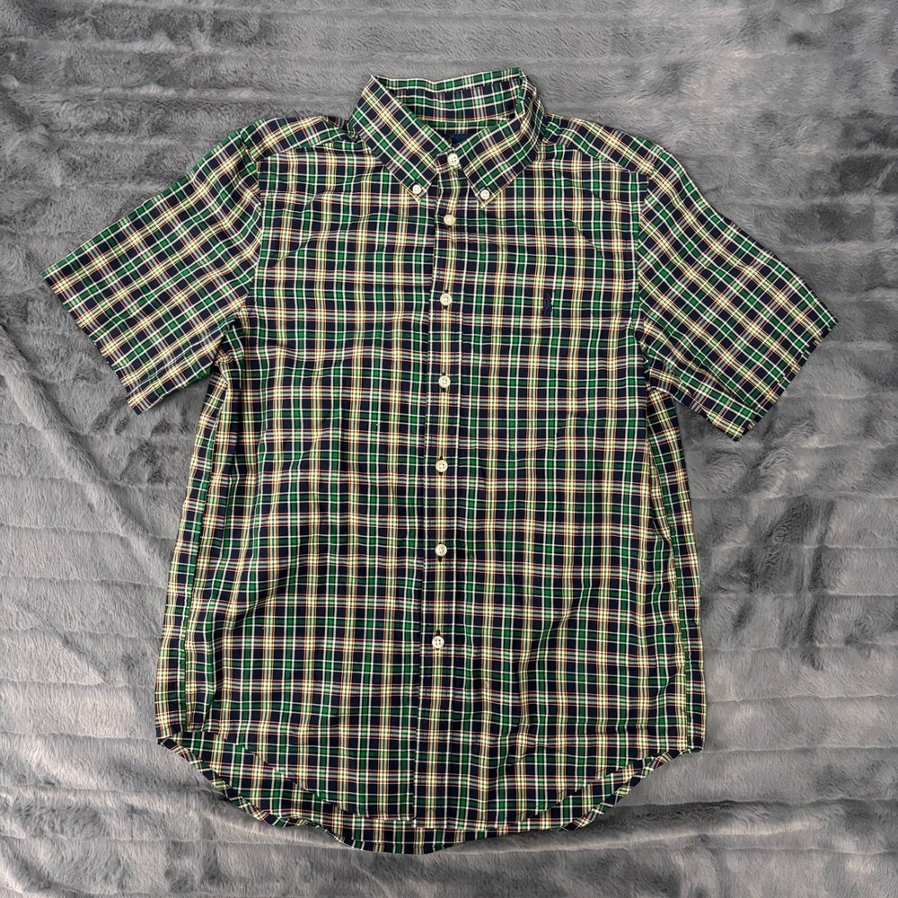 Ralph Lauren Mens Plaid Button Down Shirt Green Navy Short Sleeve Cotton L 14-16